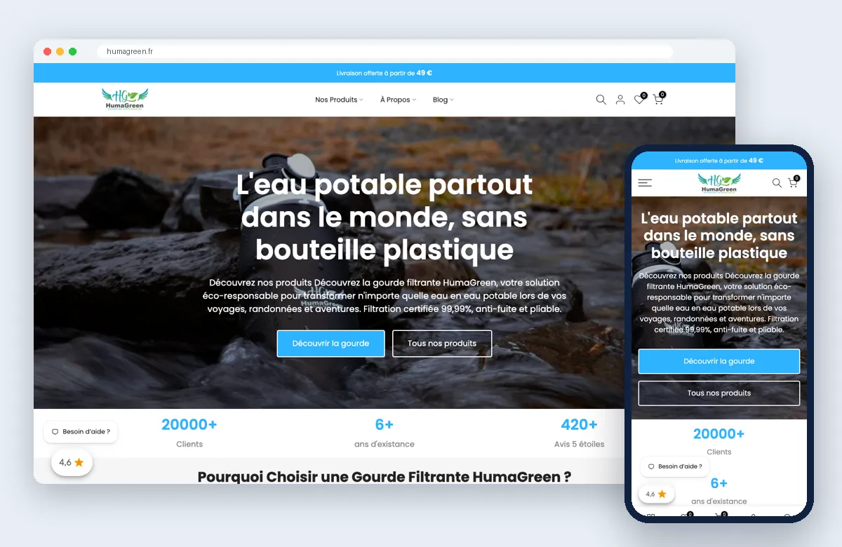 HumaGreen affiché sur ordinateur et sur mobile
