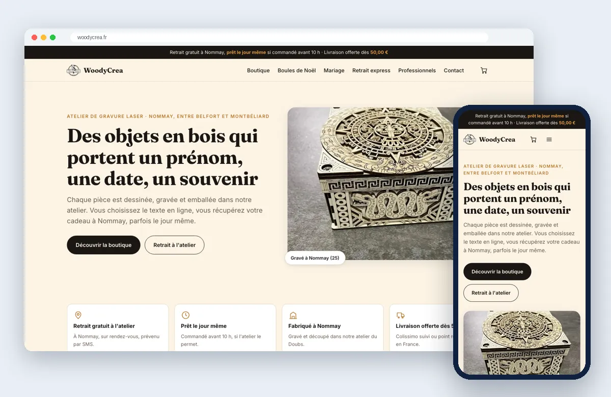 WoodyCrea affiché sur ordinateur et sur mobile